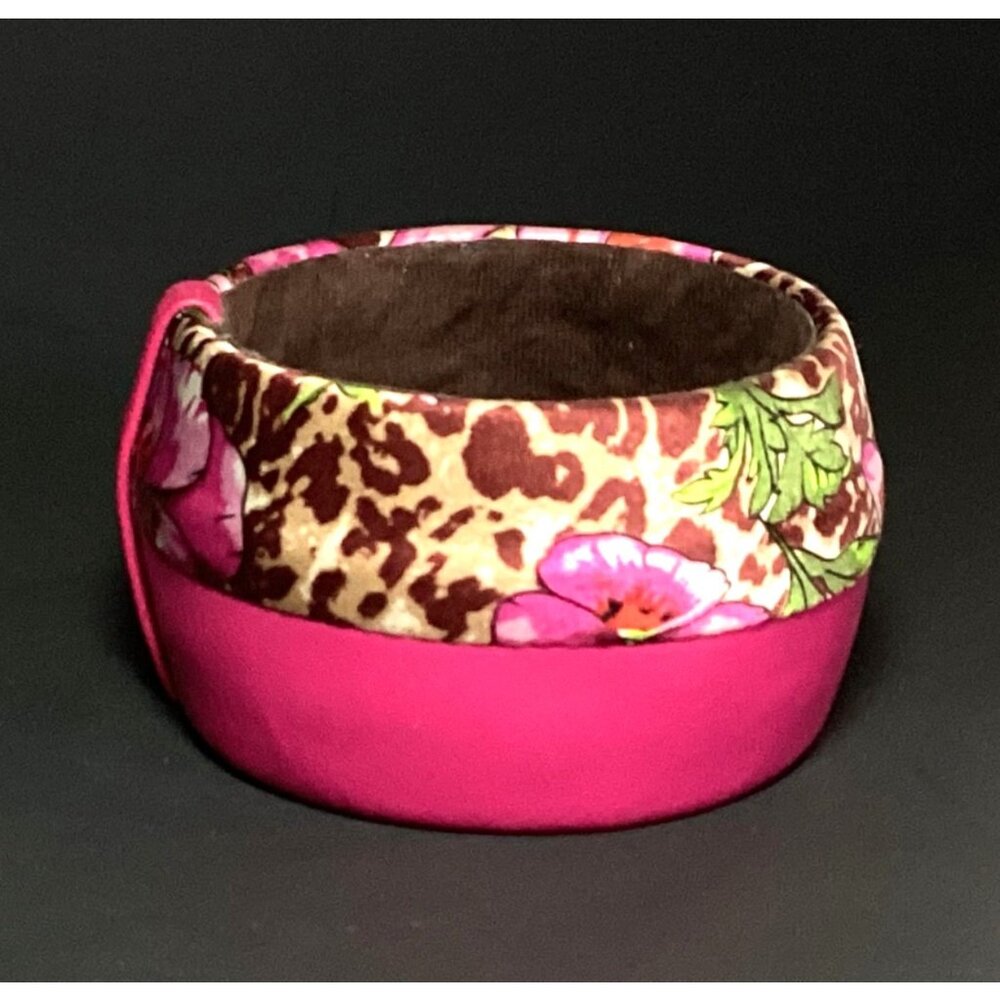 Tasha Chunky Wide Leather and Silk Bangle Bracelet in Pink Floral & Leopardskin